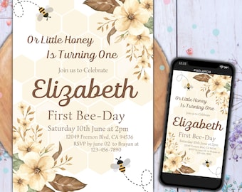 Bee verjaardagsuitnodiging, Bee 1e verjaardag uitnodigen, 1e Bee Day uitnodiging, Bumble Bee verjaardag, 1e verjaardag meisje Bee, Honey Bee uitnodiging