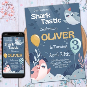 Editable Shark Birthday Party Invitation, Under The Sea Party Invite, Pool Party Digital Download E Invitation Mobile Invite Girl Boy