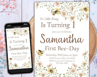Bee verjaardagsuitnodiging, Bee 1e verjaardag uitnodigen, 1e Bee Day uitnodiging, Floral Bee verjaardag, 1e verjaardag meisje, Honey Bee uitnodiging, Bee