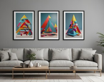Bauhaus 3D Wall Art Printable download set of 3, Bauhaus 3D Stones Wall Art digital set of 3, Bauhaus 3D Colorful Stones wall art set of 3,