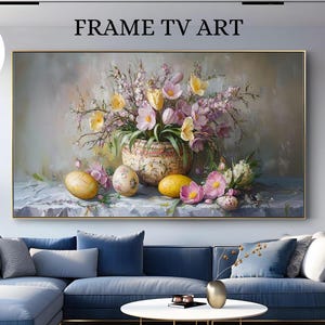 Vintage Easter Floral Frame Tv Art, Spring Egg Still Life Tv Artwork, Cottagecore Decor TV Display, Easter Nursery Decor TV Frame Art 0025