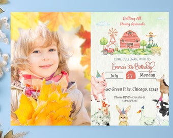 Farm Animals Photo Invitation Party Invite Birthday Invite Editable Digital Download, Birthday Photo invite