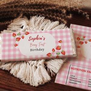 Editable Pink Gingham Berry First Chocolate Bar Wrapper, Strawberry Birthday, Berry Sweet 1st Birthday, Candy Bar Wrapper, Birthday Favors