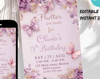 Invito di compleanno a forma di farfalla, invito di compleanno a forma di farfalla viola, invito a forma di farfalla per bambina con acquerello pastello, modello Canva modificabile