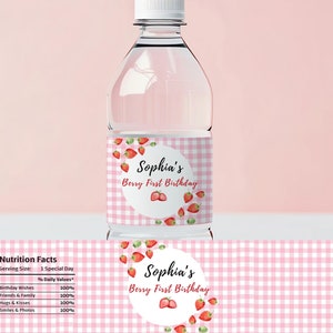 Étiquettes modifiables de première bouteille d'eau de baies Vichy rose, modèle d'étiquette de première bouteille de décoration d'anniversaire de fraise doux 1er anniversaire de baies