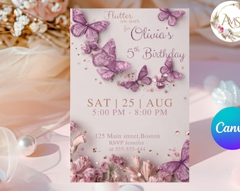 Modello di invito di compleanno a forma di farfalla per Canva, invito per feste modificabile, tema acquerello pastello, download immediato