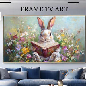 Whimsical Bunny Reading Frame Tv Art, Spring Rabbit Tv Artwork, Floral Animal TV Display, Easter Nursery Decor TV Frame Art 0023