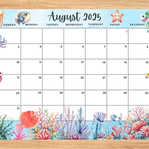 Calendario modificabile di agosto 2025, grazioso planner estivo con creature dell&#39;oceano, calendario mensile per bambini, scuola, casa, ufficio, lavoro