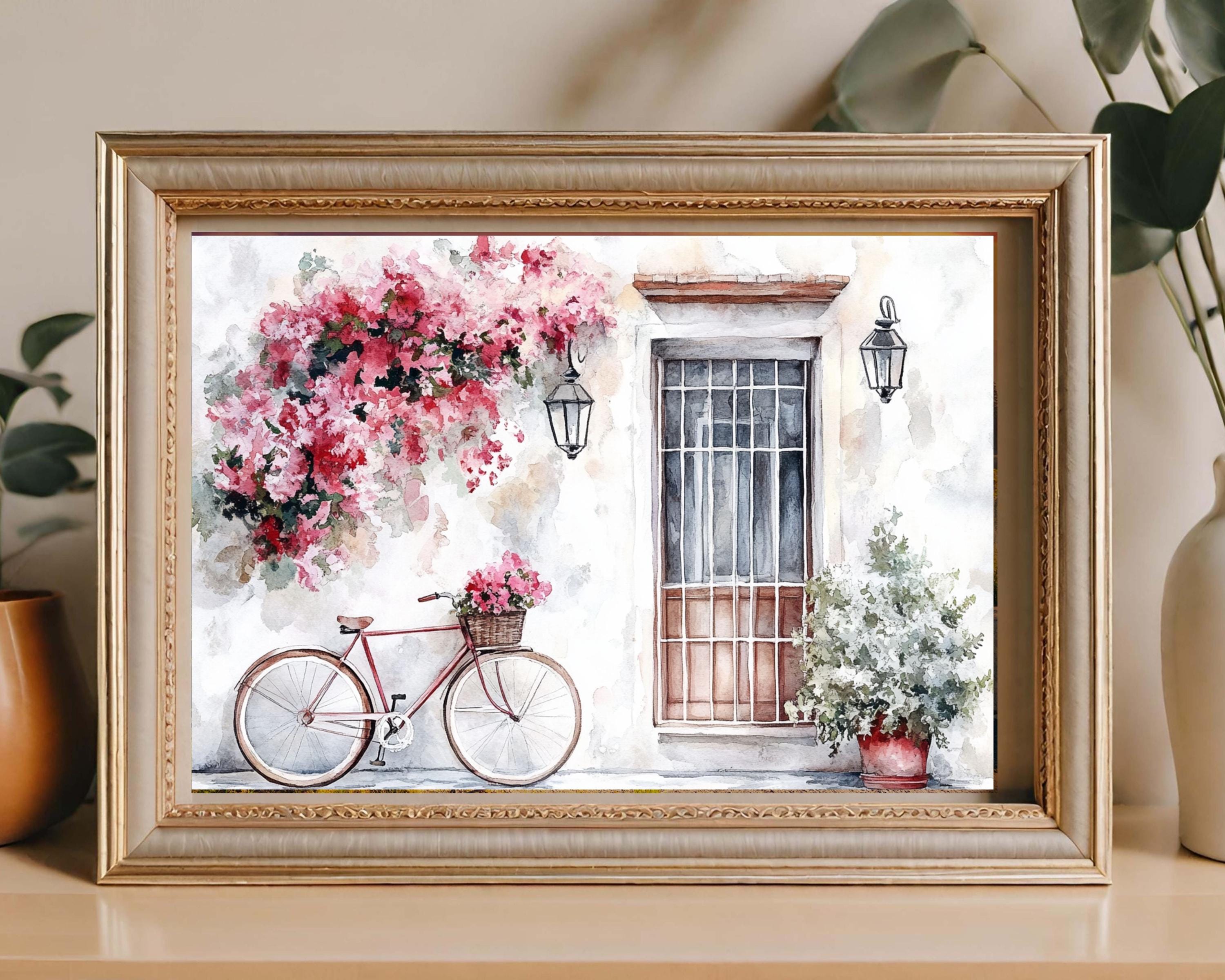 ヴィンテージ自転車水彩画 - コテージコア装飾用のピンクの花の壁