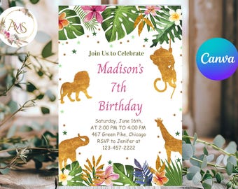 Invito di compleanno safari modificabile, invito di compleanno con animali, invito con animali della giungla dorati, modello stampabile, download immediato Canva Invite 21