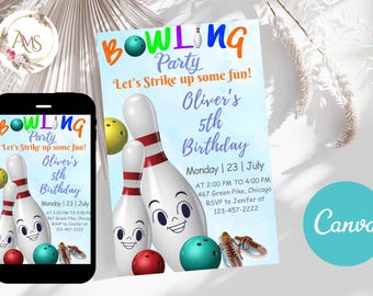 Invito di compleanno a tema bowling, invito a tema bowling luminoso, invito a tema bowling, invito luminoso, inizia a divertirti, invito Canva 5x7 13