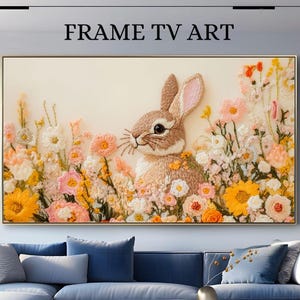 Whimsical Embroidered Bunny Frame Tv Art, Spring Rabbit Tv Artwork, Floral Animal TV Display, Easter Nursery Decor Samsung TV Frame Art 0024