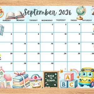 September 2026 Calendar,Back to School Cute Monthly Printable Planner for Home Work, Kids Schedule, Editable fillable September 2026 planner