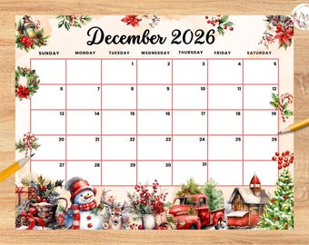 Calendario editable de diciembre de 2026 con temática navideña: muñeco de nieve, árbol de Navidad, niños, educación en casa, trabajo en el aula, planificador mensual de oficina con fechas.