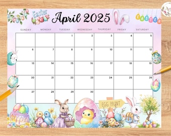 Editable April 2025 Calendar, Happy Easter with cute Bunny, Printable Planner for Home Work, Kids Schedule, fillable April 2025 planner
