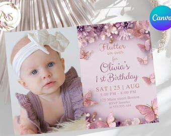 Modello di invito per il primo compleanno con foto di farfalla incantata su Canva, invito modificabile per la prima festa, tema acquerello pastello, download immediato