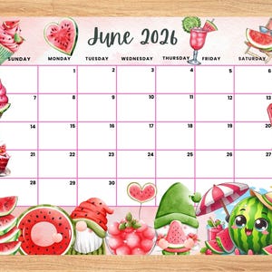 Editable June 2026 Calendar, Adorable and Refreshing watermelon Summer planner, Printable Monthly Calendar for Kids School Home Office Work
