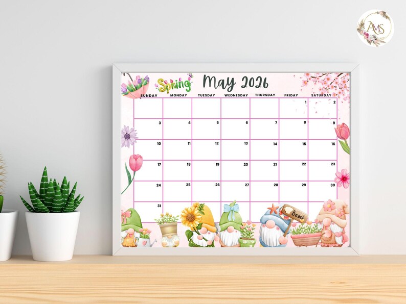 Spring Calender May Editable May 2026 Calendar,spring Flowers With Cute Gnomes Planner ...