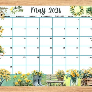 Calendrier modifiable de mai 2026, agenda de fleurs jaunes Hello Spring, agenda imprimable pour le travail à domicile, programme pour enfants, agenda de mai 2026 à remplir