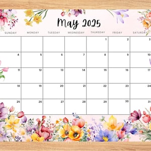 Editable May 2025 Calendar, Spring wildflowers planner, Printable Planner for Home Work,Kids Schedule, fillable May 2025 planner