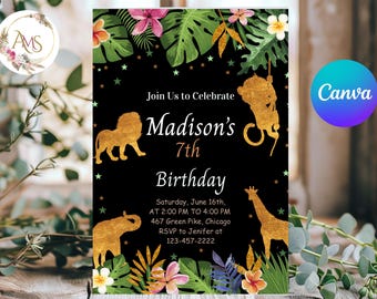 Modello di invito di compleanno safari Canva, invito di compleanno con animali della giungla dorati per qualsiasi età, genere neutro 18