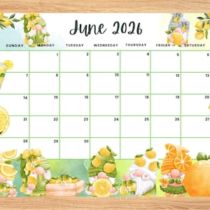 Calendrier de juin 2026 modifiable, agenda d'été adorable et rafraîchissant sur le thème du citron, calendrier mensuel imprimable pour les enfants, l'école et le bureau à domicile