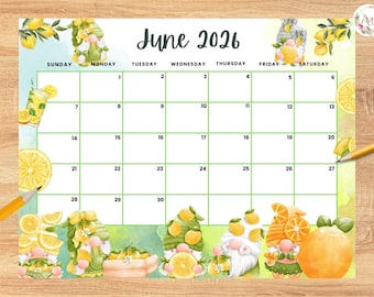 Editable June 2026 Calendar,Adorable and Refreshing Lemon-Themed Summer planner, Printable Monthly Calendar for Kids School Home Office Work