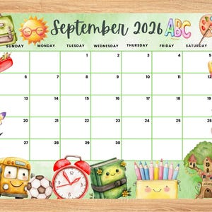 September 2026 Calendar,Back to School Cute Monthly Printable Planner for Home Work, Kids Schedule, Editable fillable September 2026 planner