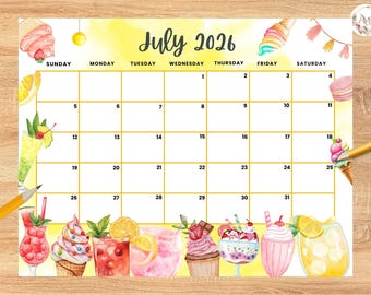 Editable July 2026 Calendar, Summer Drinks, Ice Cream (PDF & JPG)