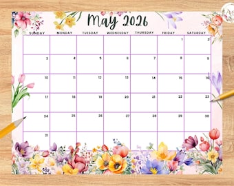 Calendario editable de mayo de 2026, planificador de flores silvestres de primavera, planificador imprimible para tareas escolares, horario infantil, planificador rellenable de mayo de 2026