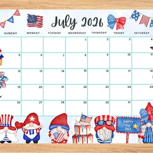 Calendario modificabile di luglio 2026, Giorno dell'Indipendenza con adorabili gnomi, Planner estivo di luglio, Calendario mensile per bambini, scuola, casa, ufficio, lavoro
