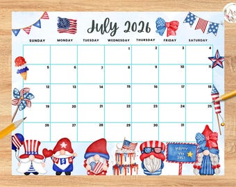Bearbeitbarer Juli 2026 Kalender, Unabhängigkeitstag mit entzückenden Zwergen Sommer Juli Planer, Monatskalender für Kinder Schule Home Office Arbeit