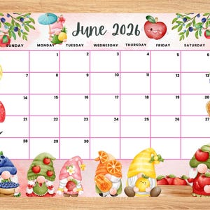 Calendrier de juin 2026 modifiable, agenda d'été avec fruits adorables et rafraîchissants, calendrier mensuel imprimable pour enfants, école, bureau, travail