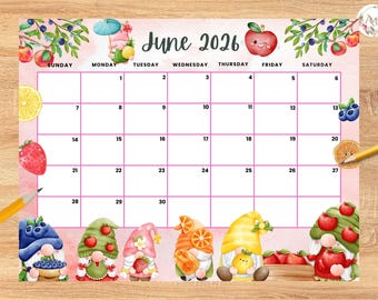 Editable June 2026 Calendar, Adorable and Refreshing fruits Summer planner, Printable Monthly Calendar for Kids School Home Office Work
