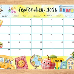 September 2026 Calendar,Back to School Cute Monthly Printable Planner for Home Work, Kids Schedule, Editable fillable September 2026 planner