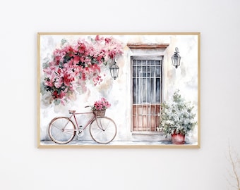 Vintage Bicycle Watercolor – Pink Flowers Wall Art for Cottagecore Decor, pink Floral Bicycle Watercolor Painting, Charming Street Art0014