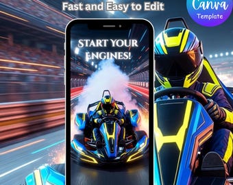 Invito di compleanno per gare di go-kart / Invito video modificabile per feste di gare su Canva / Modello animato digitale per feste di gare per bambini su Canva