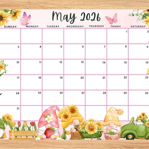 May 2026 Calendar, Spring Flowers, Cute Gnomes (Editable & Printable PDF)