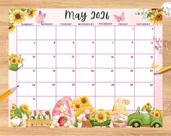 Calendario di maggio 2026, fiori primaverili, gnomi carini (PDF modificabile e stampabile)