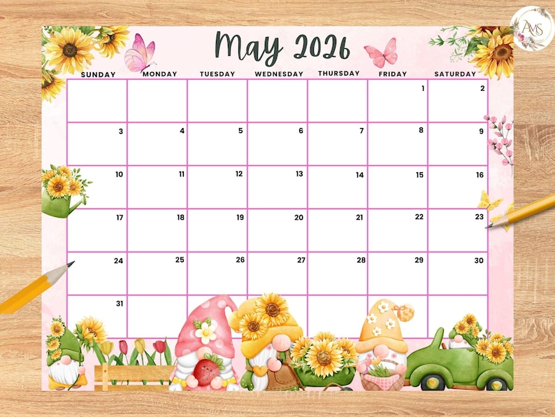 Spring Calender May May 2026 Calendar, Spring Flowers, Cute Gnomes (editable & Printable ...