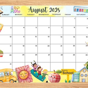 Bearbeitbarer Kalender für August 2025, niedlicher Sommerkalender, Schulanfangsplaner, Monatskalender für die Kinderschule Home Office