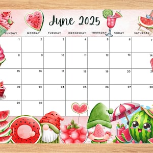 Editable June 2025 Calendar, Adorable and Refreshing watermelon Summer planner, Printable Monthly Calendar for Kids School Home Office Work