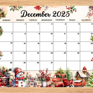 EDITABLE December 2025 Christmas theme Calendar with Snowman, Christmas tree, Kids, home school, classroom work Office monthly dated planner