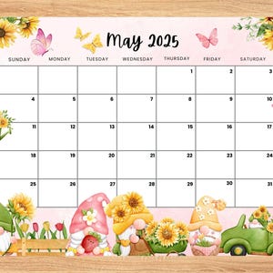 Editable May 2025 Calendar,Spring flowers with Cute gnomes planner, Printable Planner for Home Work,Kids Schedule, fillable May 2025 planner