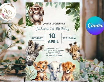Invito di compleanno safari, animali della giungla dorati, modello Canva stampabile (download immediato)