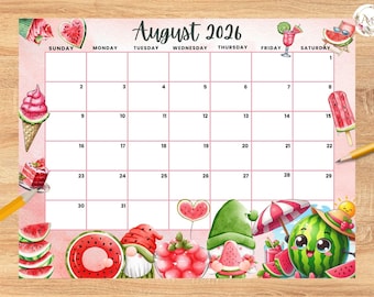 Calendario modificabile di agosto 2026, adorabile e rinfrescante agenda estiva con anguria, calendario mensile stampabile per bambini, scuola, casa, ufficio e lavoro.