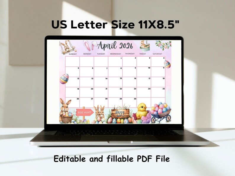 Editable April 2026 Calendar, Happy Easter With Cute Bunny, Printable ...