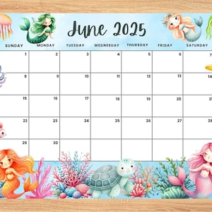 Editable June 2025 Calendar, Amazing Summer with Charming Mermaids planner, Printable Monthly Calendar for Kids School Home Office Work