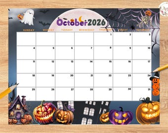 Calendário editável de outubro de 2026, planejador mensal imprimível com tema de outono para casa, trabalho e agenda das crianças, planejador preenchível de outubro de 2026.