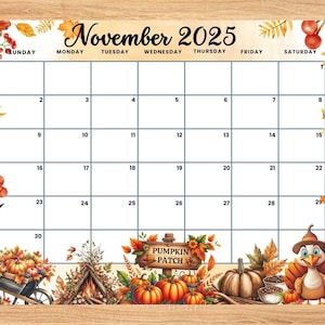EDITABLE November 2025 Calendar, Happy Thanksgiving beautiful Planner with Pumpkin & Turkey Kids colorful Fall Autumn Monthly, home school